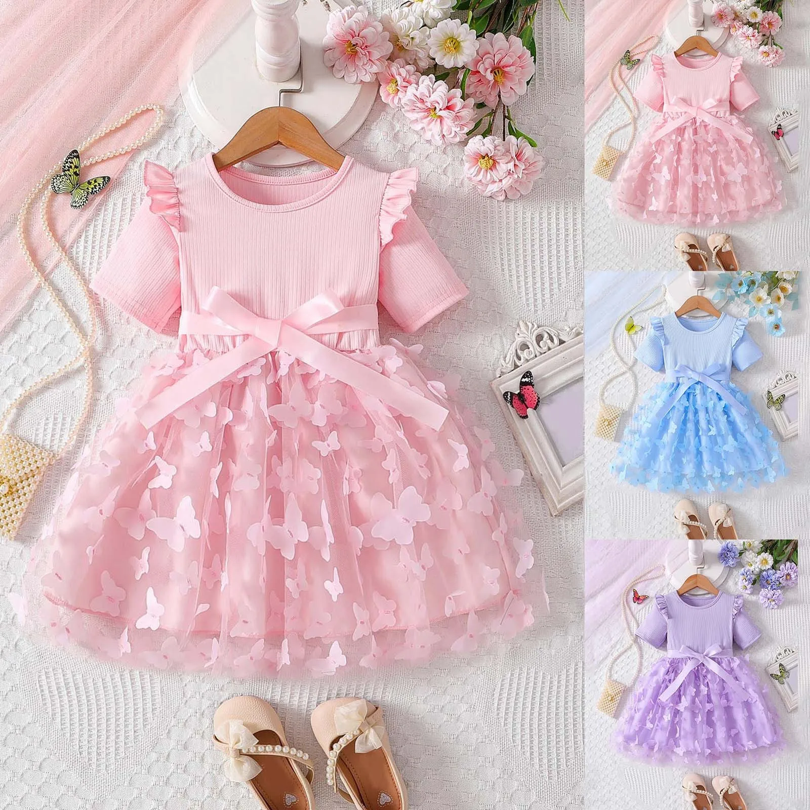 

Летнее платье для детской повседневной одежды, тюлевое платье-пачка с 3D бабочкой, милое платье принцессы для маленьких девочек, праздничные платья для девочек 2–6 лет