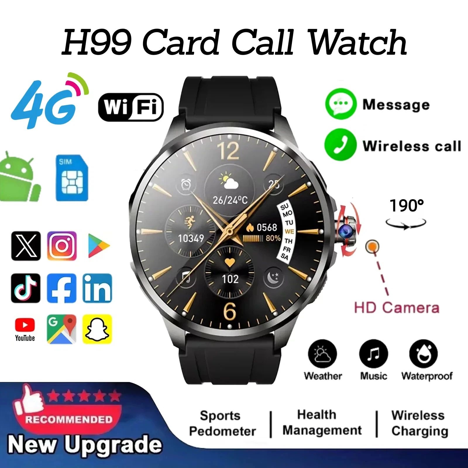 Reloj Inteligente H99, Relojes Android, Reloj Inteligente Amoled con 190 °   Cámara Rotatoria, Google Play Store, Pantalla AMOLED de 1.95 Pulgadas