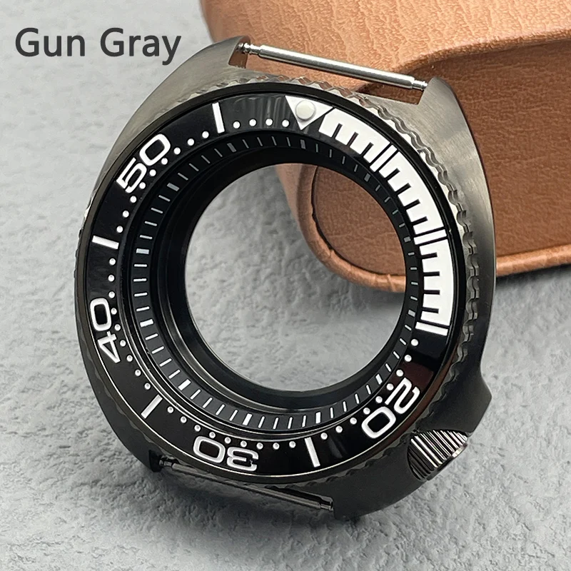 Gun Gray 44mm NH35 Diving Watch Case with Curved Ceramic Bezel Double Sapphire Glass For Turtle Abalone NH34 NH35 NH36 Movement