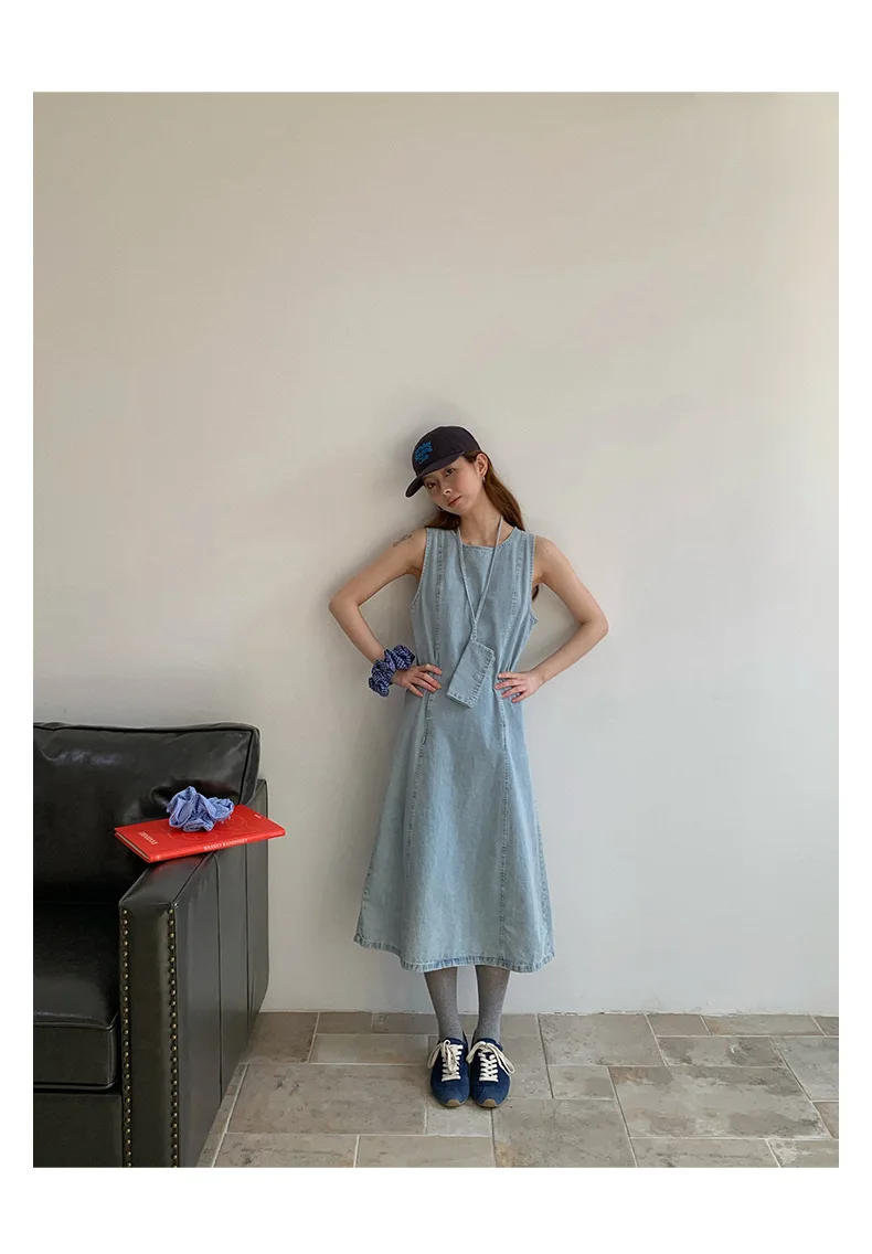 Kamizelka Sukienki dla kobiet Denim Długa sukienka Okrągły kołnierz Bez rękawów Distressed Vintage Vestidos 2025 Kobieta Streetwear A Line