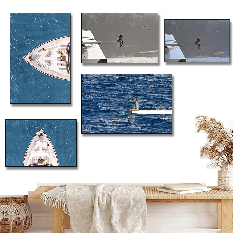 1pc frameless Canvas Painting Vintage Princess Diana on Yacht Photography Prints Diving Board Poster Black White Canvas Painting