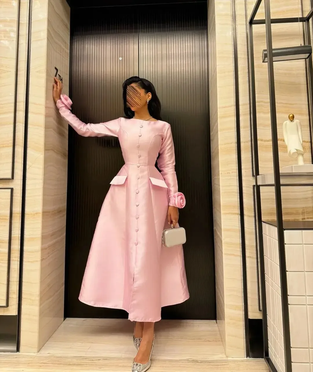 

Customized Saudi Women Long Sleeves Pink Prom Dresses Pleated Ankle Length Formal Women Evening Gowns Wedding Party Dress