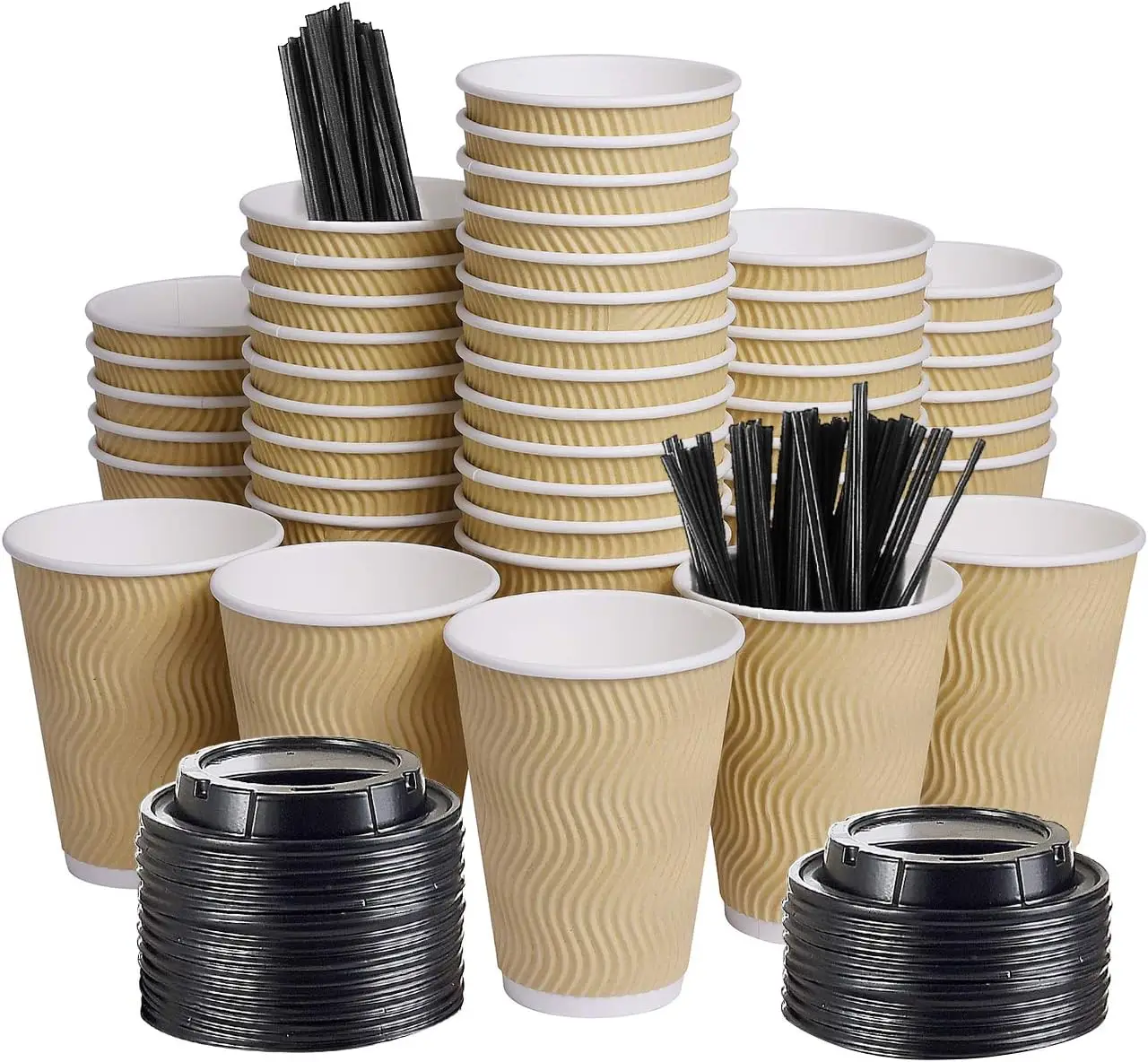 

Disposable Paper Coffee Cups with Lids, 100 pack 12 oz Ripple Wall Insulated To Go Coffee Cups for Hot/Cold Beverage, Re