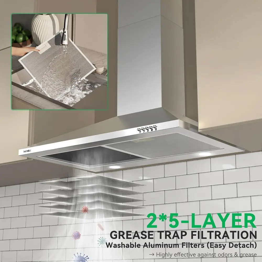 Okap kuchenny ze stali nierdzewnej, montowany na ścianie, 76 cm (30 cali), z filtrem węglowym, konwertowalny na okap kominowy/bez kanału, 3-stopniowy wentylator wyciągowy.