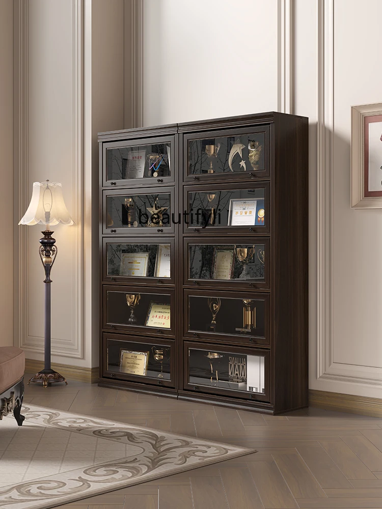 

American Bookcase Showcase Living Room Solid Wood Storage Household Dustproof Glass Door Display Cabinet