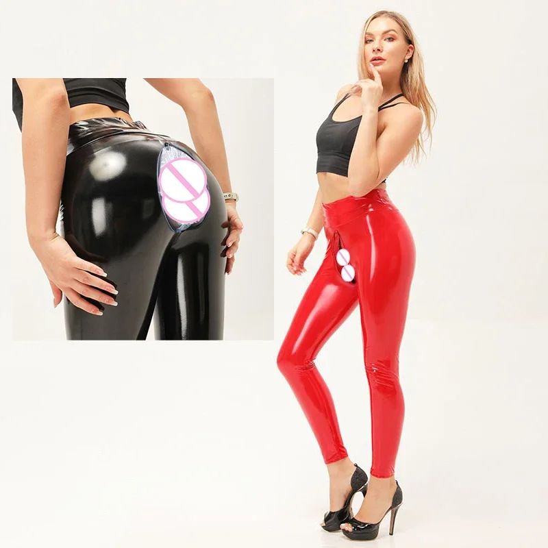 

Peach Hip Leggings Outdoor Sex Open Crotch Yoga Legging Bright Faux Leather Pants Women Sexy Nightclub Booty Lifting PU Trousers