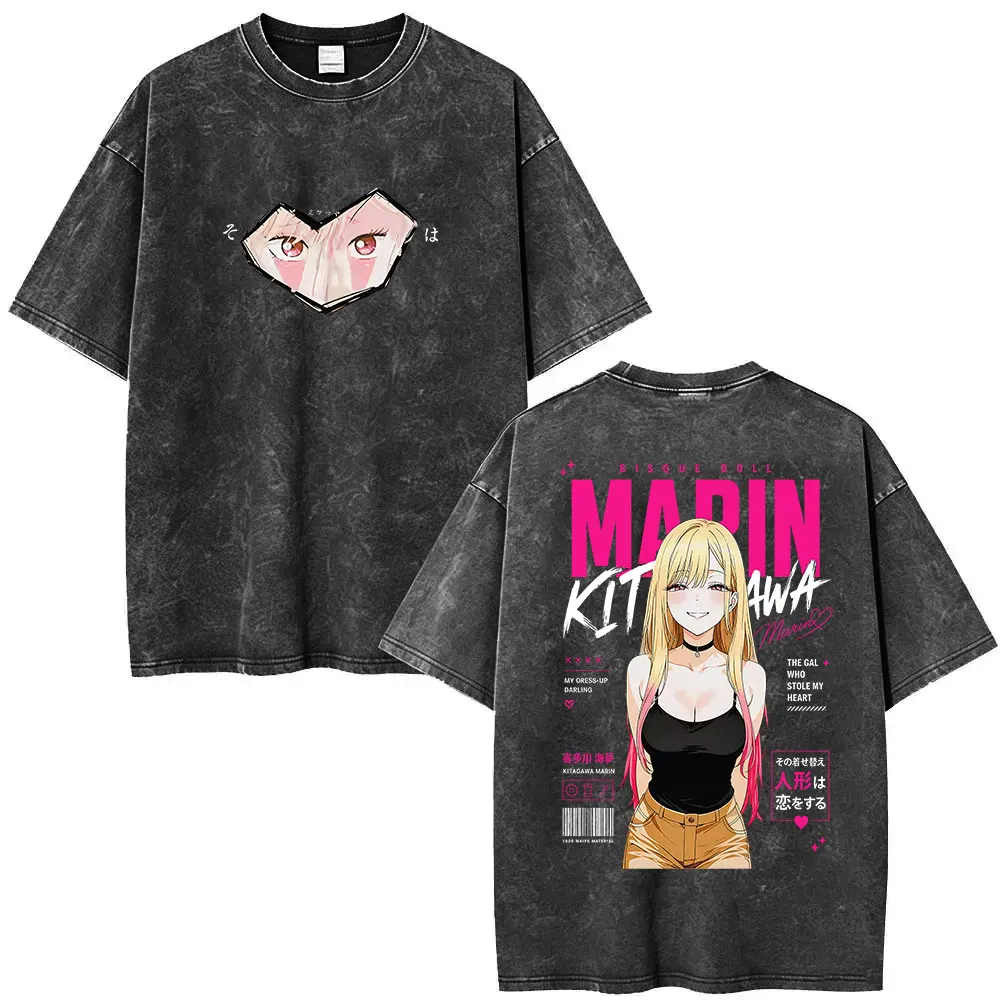 Camisetas Vintage Lavadas Anime My Dress-Up Darling Marin Kitagawa para Homens e Mulheres, Moda Harajuku de Verão, Camiseta de Manga Curta