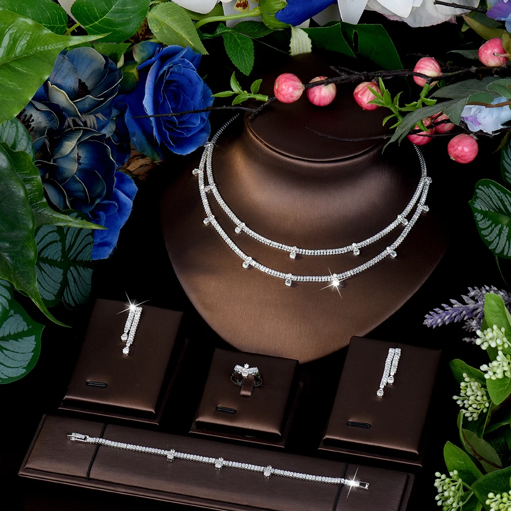 

HIBRIDE Роскошное милое двухслойное ожерелье, серьги, браслет, комплект ювелирных изделий, женский легкий роскошный свадебный подарок на праздник S-1099