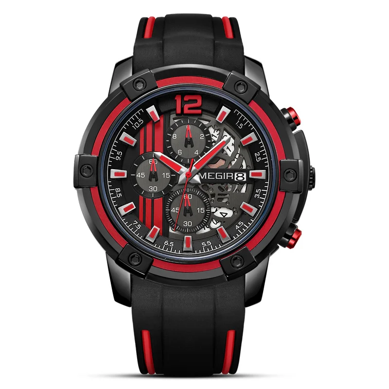 MEGIR 2097 Yellow Black Silicone Strap Quartz Watches Chronograph Sports Wristwatch 3atm Waterproof Luminous Hands