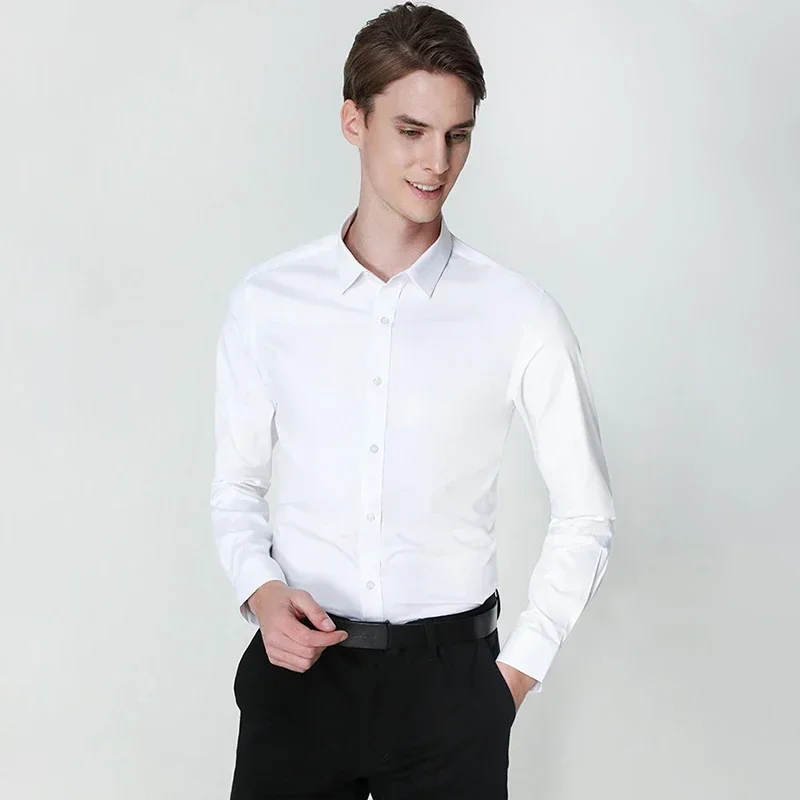 Bamboo Fiber Men's Shirt Long Sleeve Stretch Free Care Comfort Soft Business Professional Formal Interview White Dress Shirts