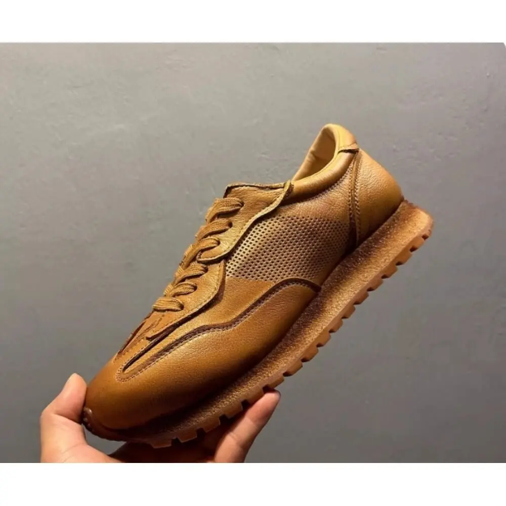 Premium Tan Leather Mesh Sneaker – Handcrafted Comfort, Timeless Luxury for Discerning Men