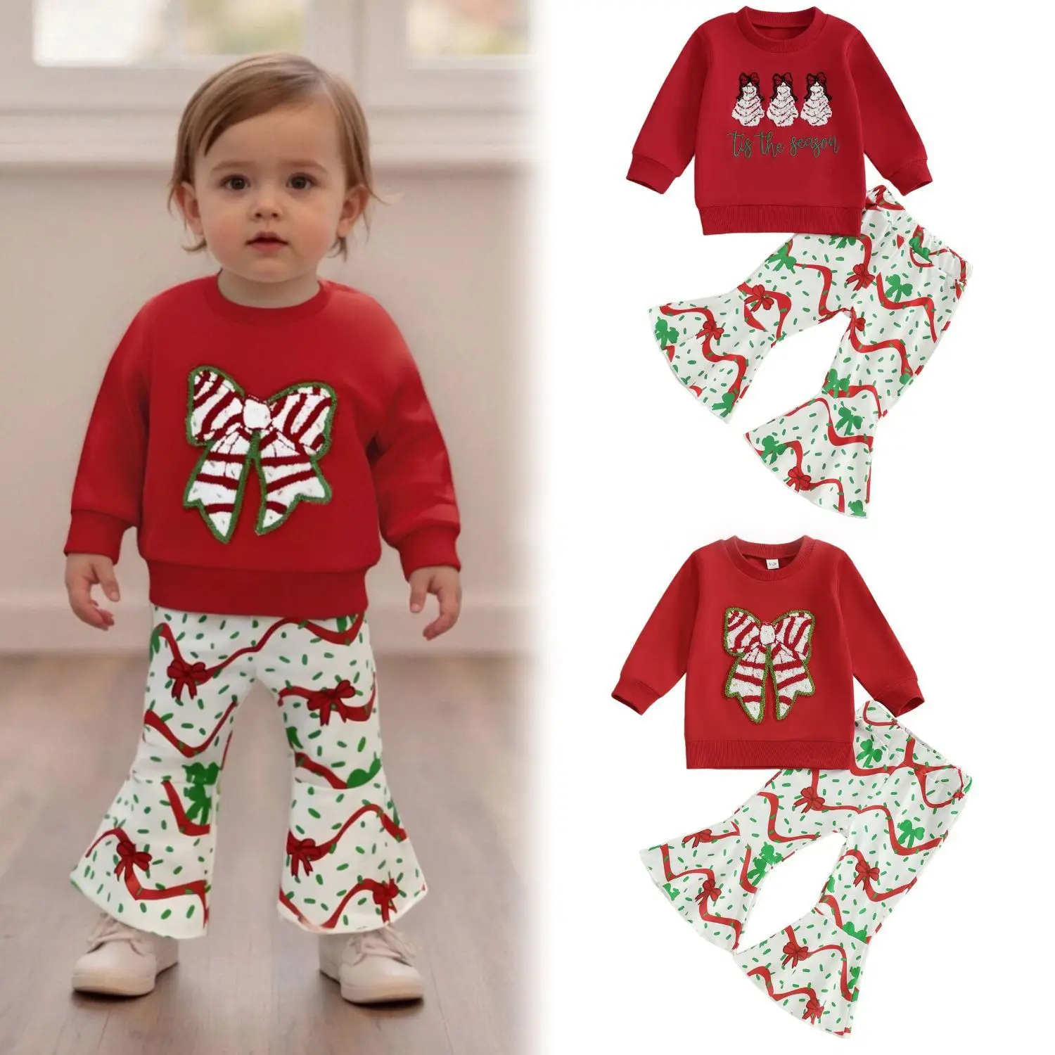 INS Christmas New Girls' Elegant Bow Embroidered Long Sleeve Hoodie+Trumpet Pants Two Piece Set