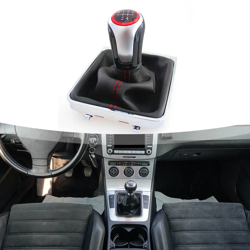 /5 /Manual /Shift Knob Bracket Base Assembly Black Leather Red Stitching For Passat B6 2005-2011 Car Interior Gear Shifter