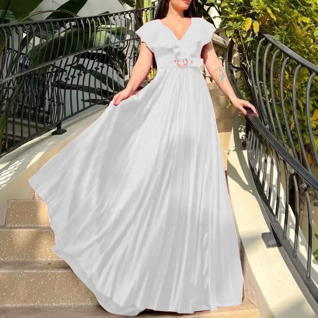 

Large size women's dress with V-neck, solid color, pleated ruffled hem long gown skirt.