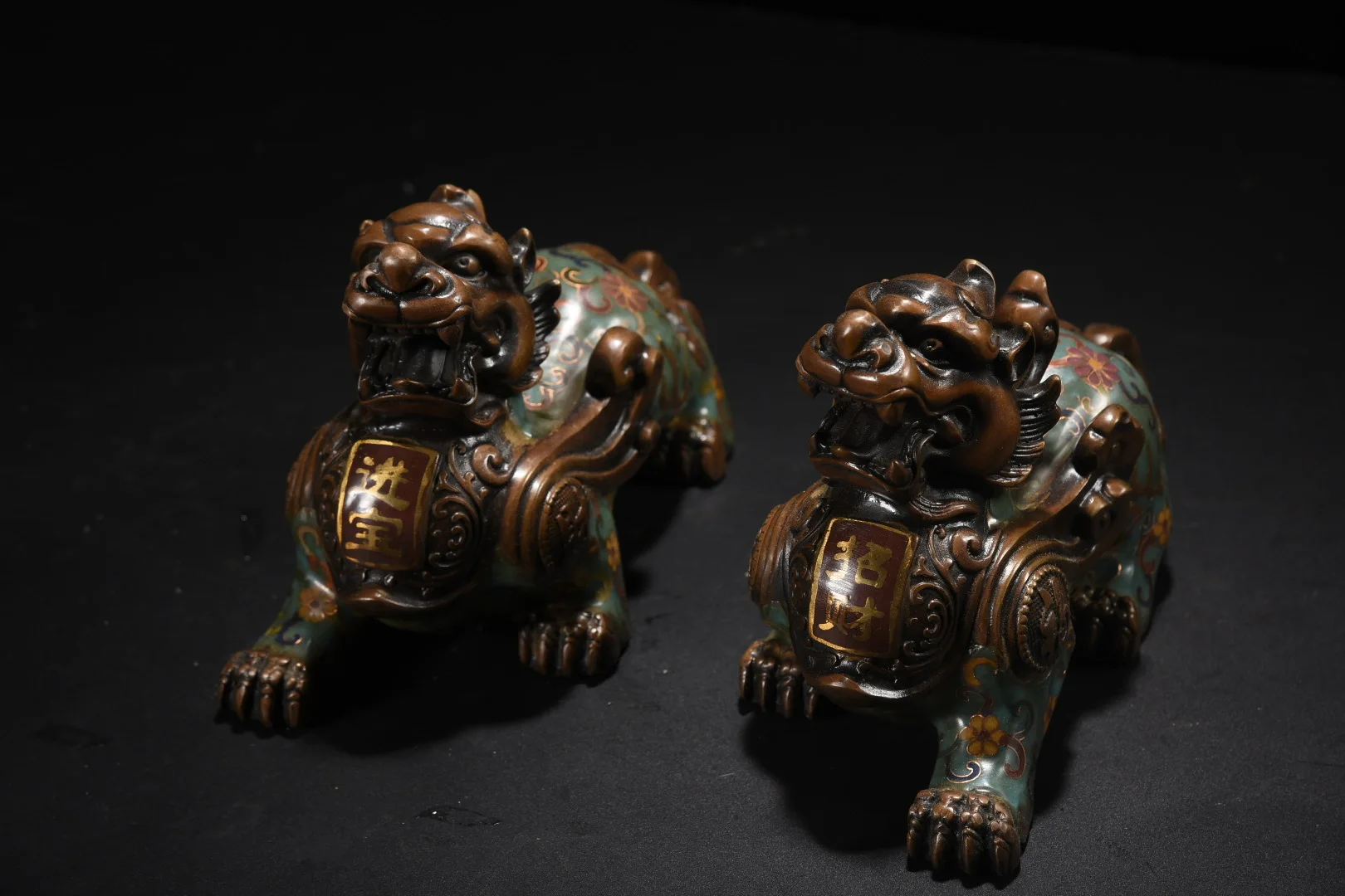 

9"Collection Old Bronze Cloisonne Enamel Brave Troops Pixiu Statue mythical beast A Pair Amass wealth Ornaments Town house