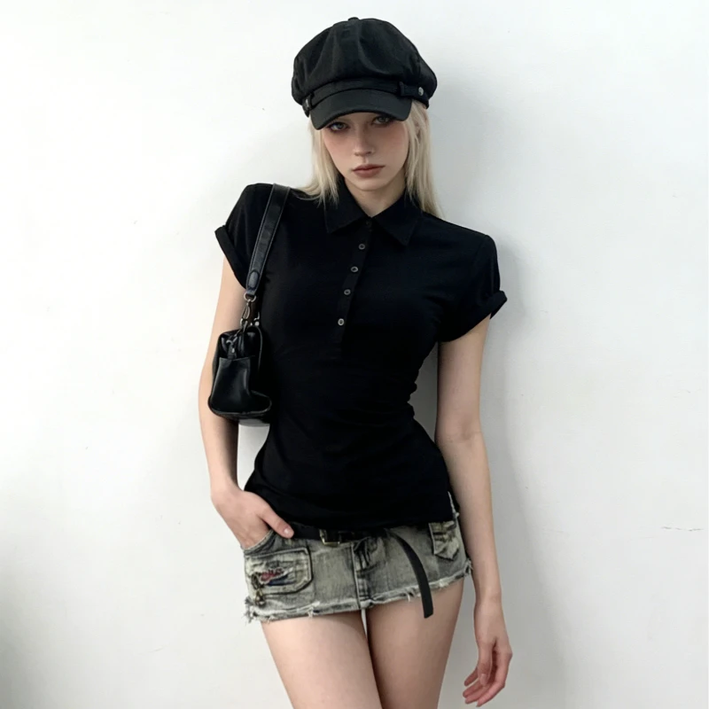 Autumn Elegant Y2K Emo Women's Slim-Fit Polo T-Shirt Trendy Short-Sleeved Fashion Top With Stylish Design Temperament Black  Ins