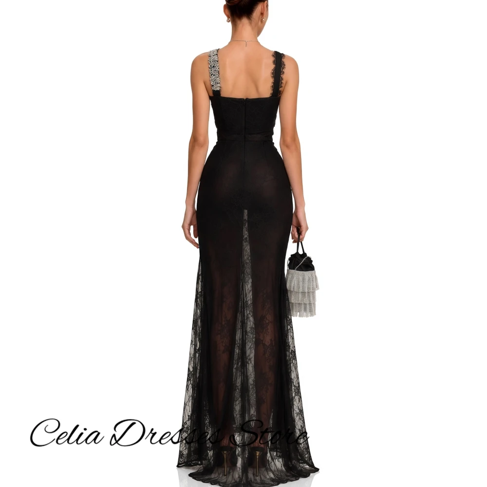 Sexy Mermaid Evening Dress  See Through Black Lace Spaghetti Straps Customized Celebrity Gowns Delicate Sweep Train Prom Dresses