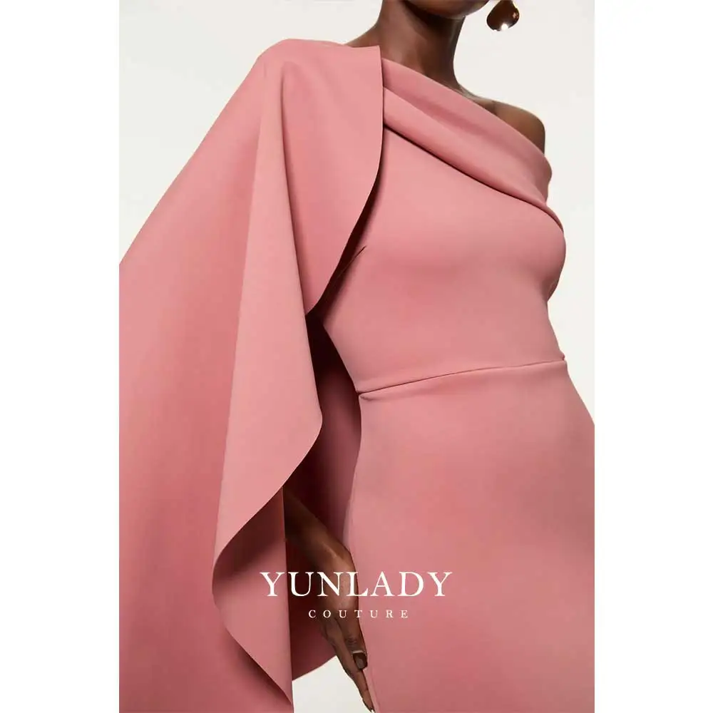 

YUNLAN Pink Crepe One Shoulder Sleeve Cape Evening Dress Special Occasion Formal GownWedding Party Guest Luxury Evening Dress