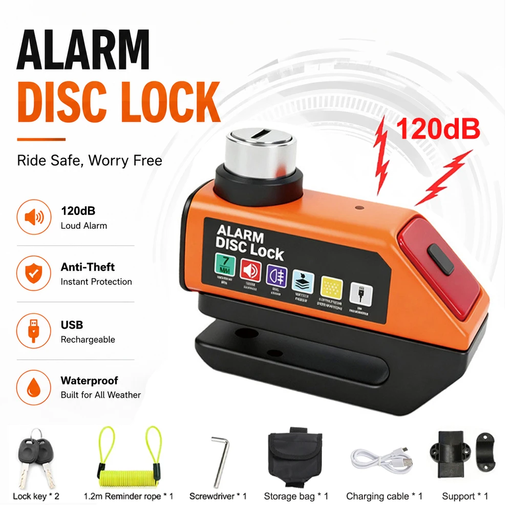 Motorcycle Alarm Lock Rechargeable 120dB Motorcycle Alarm Disc Brake Lock Waterproof Anti Theft Bike Scooter Alarm Disc Lock