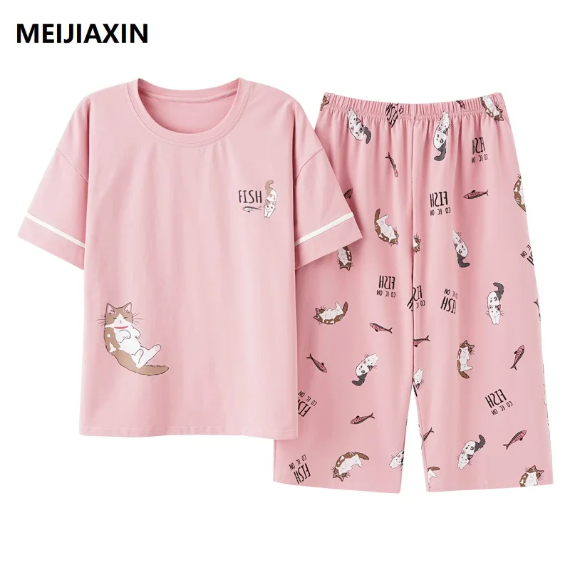 

Summer Knitted Cotton Women Pajamas Set Cartoon Pyjamas Femme Short Sleeve Round Neck Casual Soft Female Nightwear