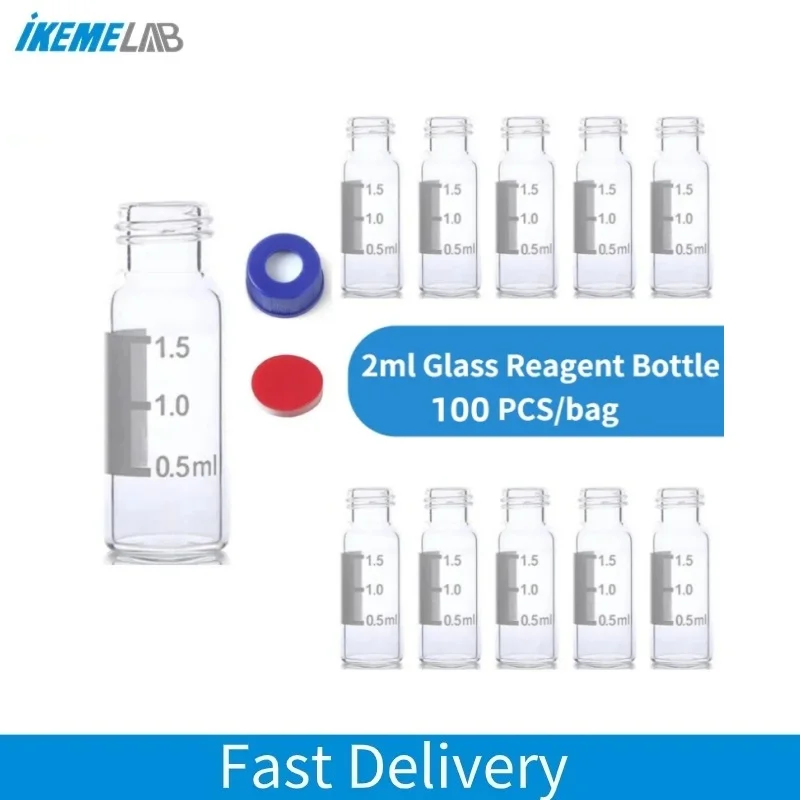 IKEME 100PCS 2ml Transparent Bottles Glass Lab HPLC 9-425 Clear Vial Bottles With Writing and Lid