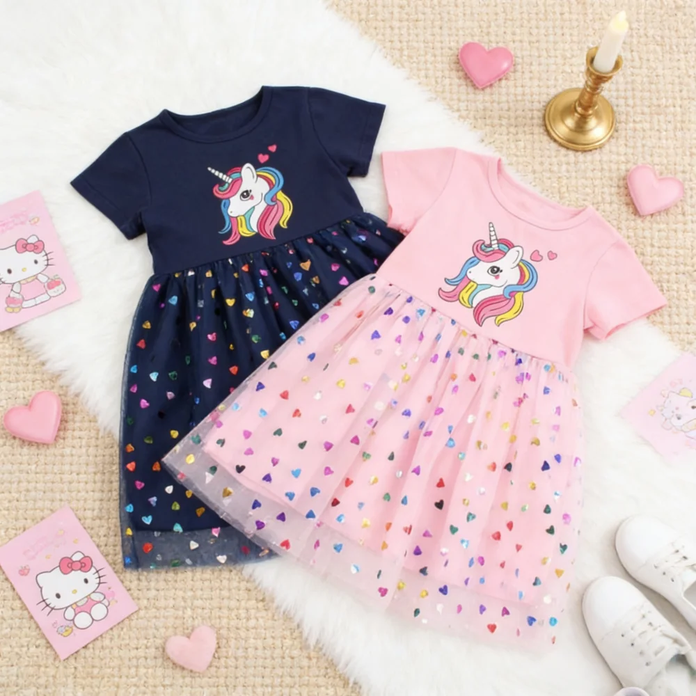 Baby Mädchen Kleider Sommer Cartoon Mesh Kurzarm Mädchen Kleid Entzückende Prinzessin Baby Kleid Baby Mädchen Kleidung