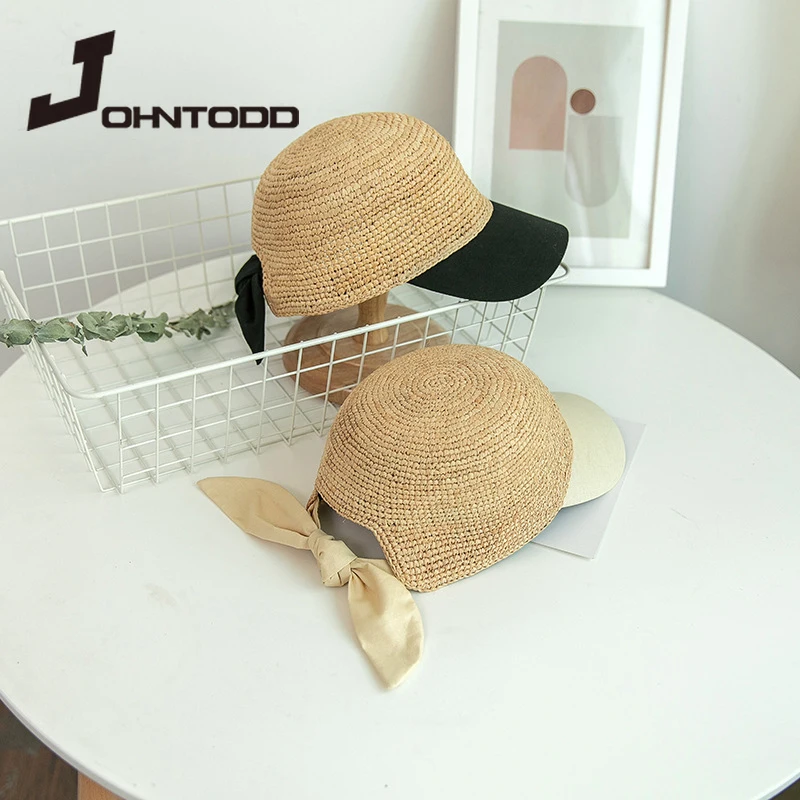 Women\'s fashion bow raffia baseball cap hat street outing shopping sunhat handmade crochet holiday hat rebound cap visor hat