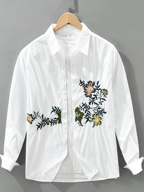 

Japanese Style Heavyweight Embroidered Long Sleeve Cotton Casual Shirt Men's Fashionable Artistic Loose Fit Autumn Collar Design