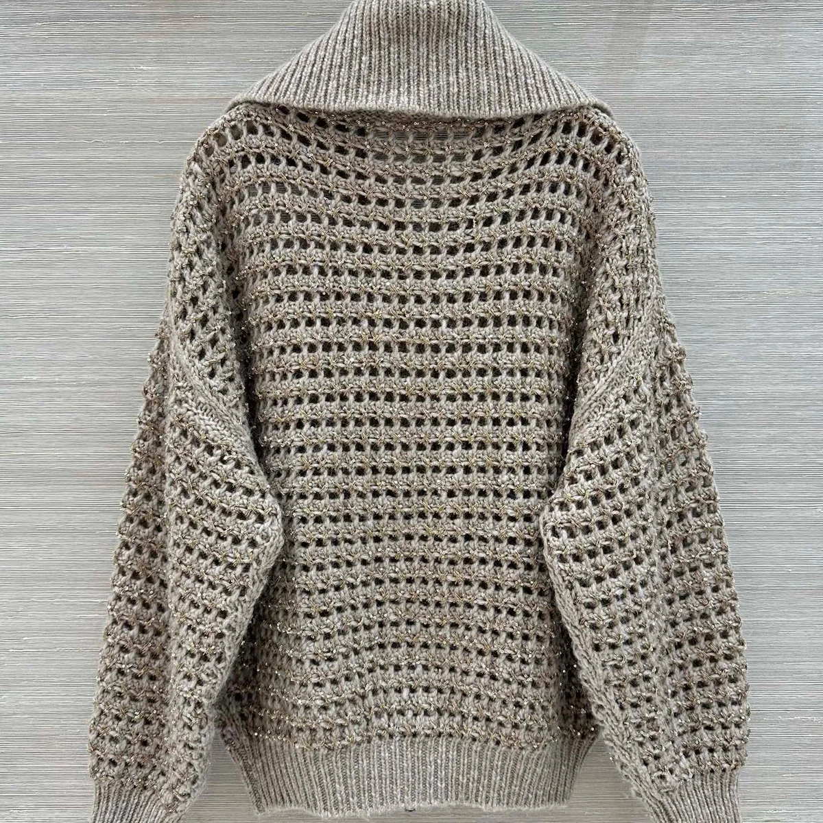 High Quality Women Lapel Zipper Hollow Knit Cardigan, Metallic Thread Blend Long Sleeve Loose Jacket lyt2610831