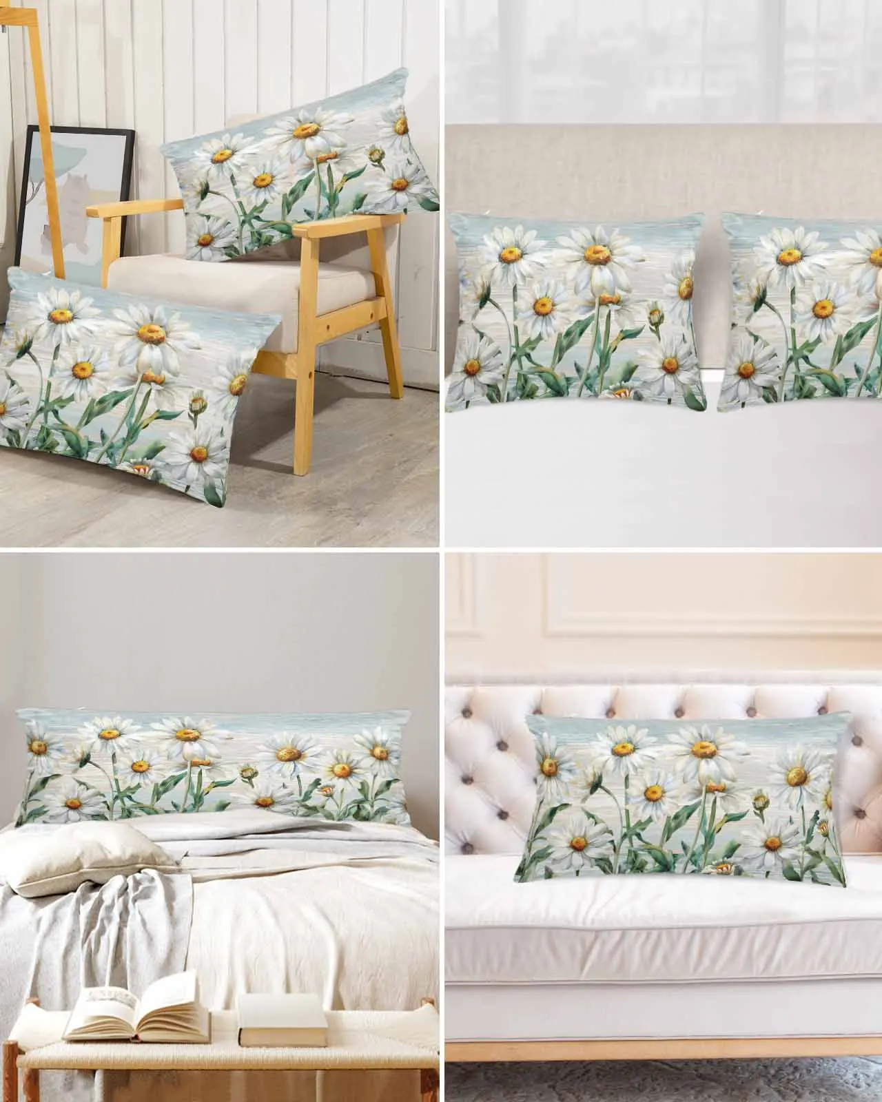 

Floral Plants Daisies Rural Retro Wood Grain Bed Satin Pillowcase Sofa Pillow Cover Case Bedroom Satin Cushion Covers Home Decor