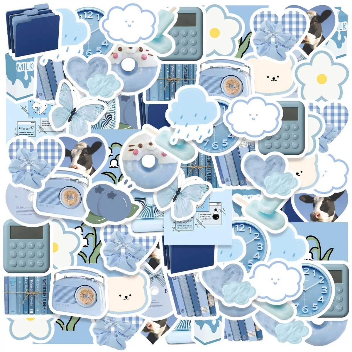 Etori Life 46pcs Cute Blue Elements and Exquisite Objects in Nordic Style Patterns Student DIY Laptops Decoration Stickers