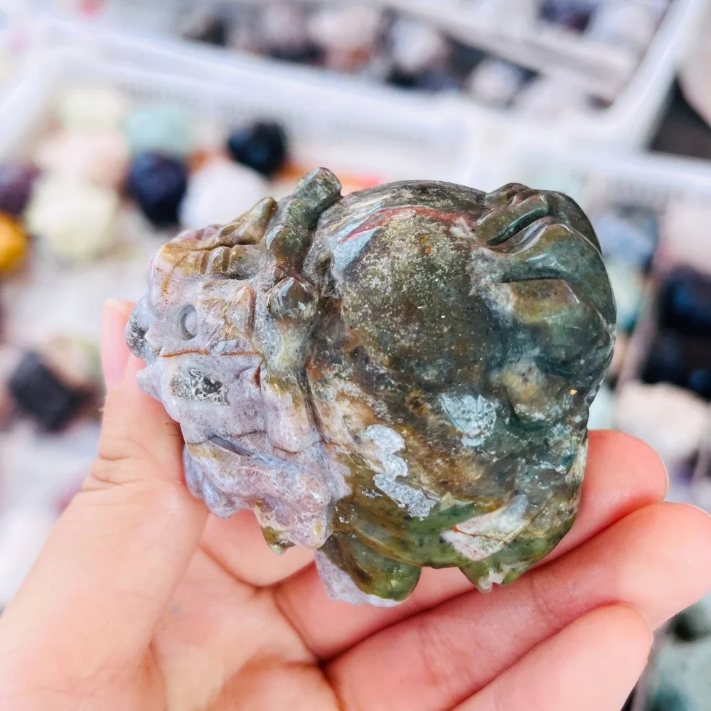 1PC Natural Ocean Jasper Stone Dragon Turtle Pixiu Carving Crystal Energy Healing Animal Figurine Home Decor Craft Holiday Gift