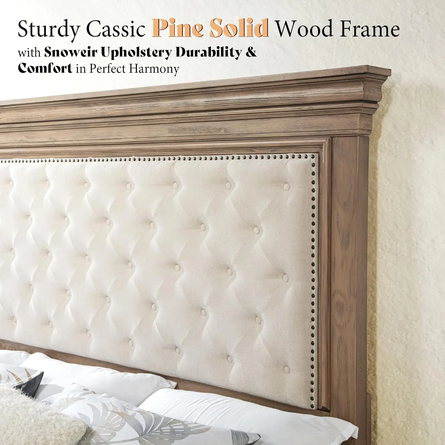 Solid Wood King Size Bed Frame with 68" Upholstered Headboard, Custom view 5