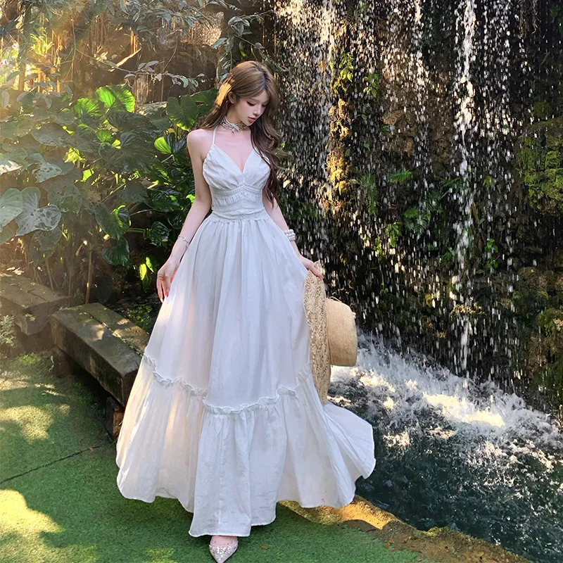 

Длинное летнее пляжное платье макси с V-образным вырезом и плиссированной юбкой в корейском стиле, белое, из полиэстера