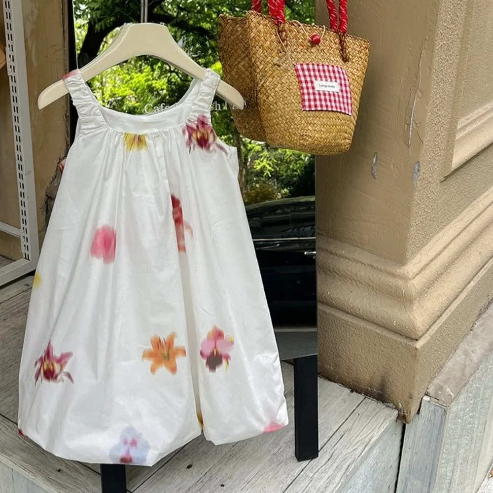 Sommerliches, lässiges Freizeitkleid mit Graffiti-Blumenmuster und Trägern für Mädchen im Alter von 3, 4, 5, 6 und 7 Jahren, Alltagskleidung, koreanische Version