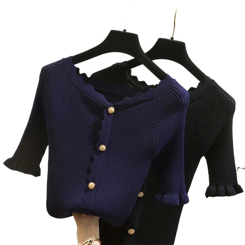 

Элегантный кружевной свитер с v-образным вырезом, эластичный короткий вязаный кардиган, женский однобортный однобортный топ с короткими рукавами на весну и лето