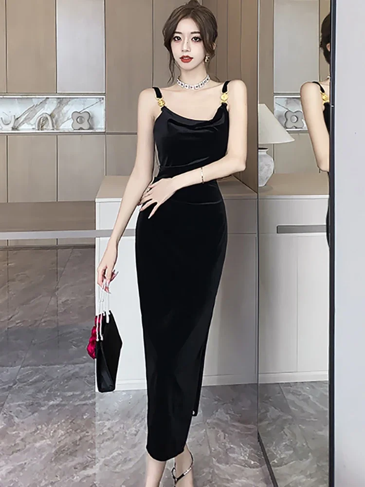 Black Velvet Backless Sexy Sling Slit Long Dress for Women Autumn Winter Elegant Dance Party Dress 2024 Korean Vintage Vestidos