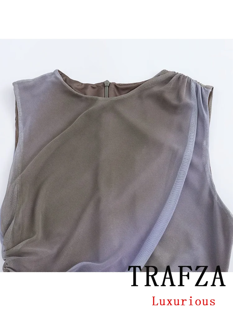 TRAFZA Vintage Chic Casual Sexy Women Dress Solid O-Neck Folds Sleeveless Long Vestidos New Fashion 2024 Summer Holiday Dress