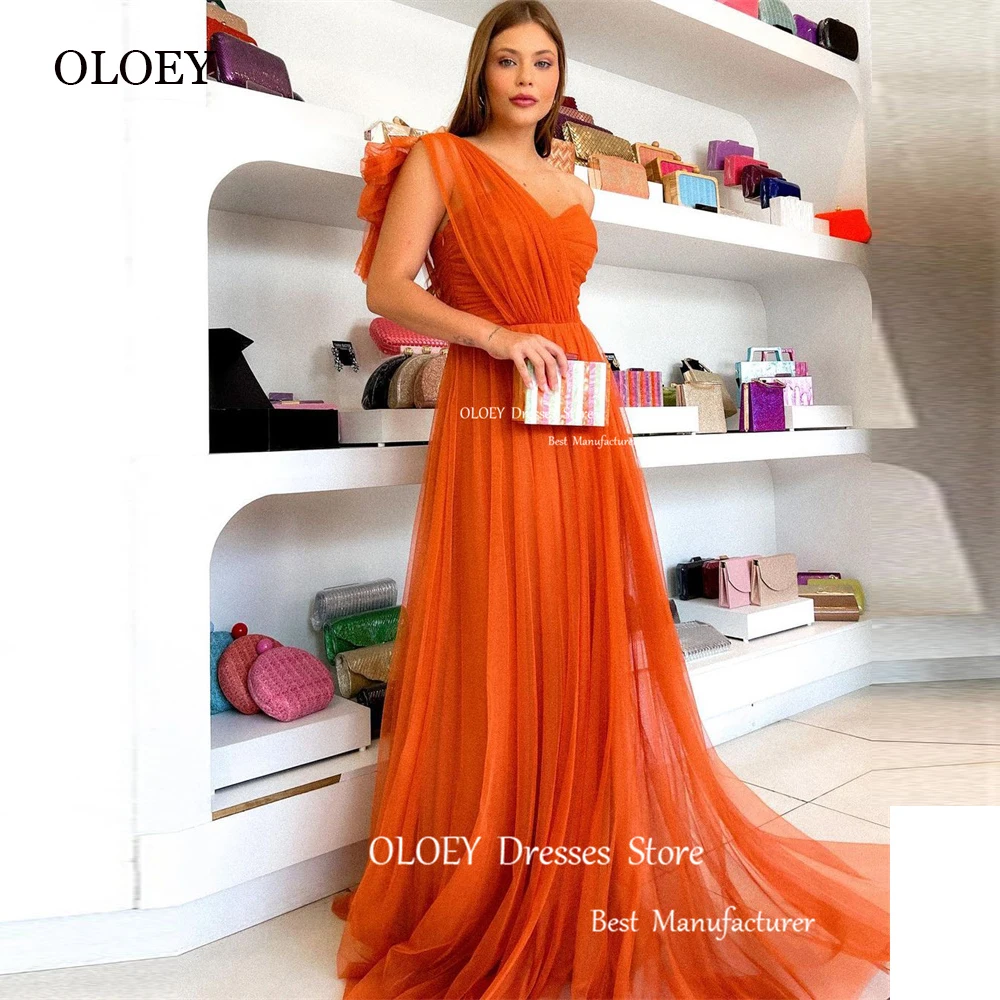 

OLOEY Burnt Orange Tulle A Line Long Prom Dresses One ShoulderLong Women Evening gowns Formal Party Dress Vestidos de fiesta