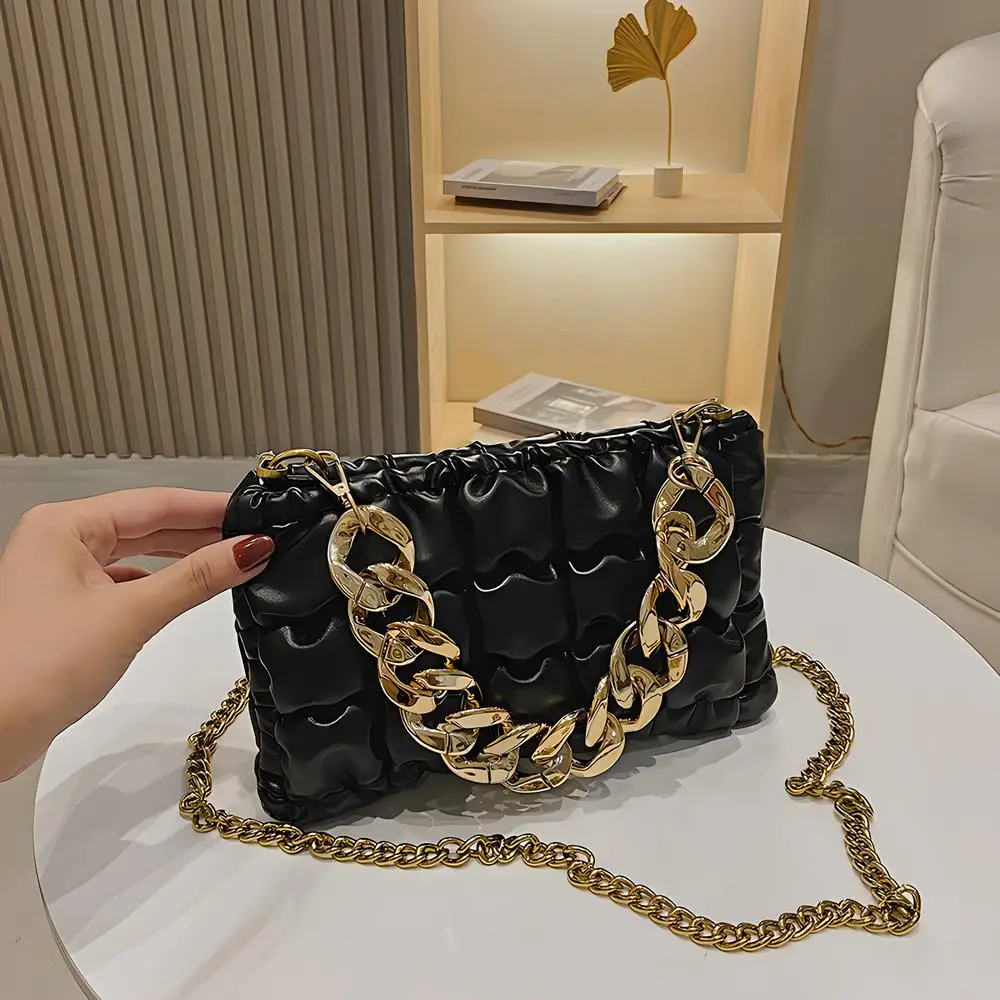 

High End Temperament Lady Wrist Bags Clutches Plaid Thickened Chain Handle Vintage Handbag Casual Trendy Shoulder Crossbody Bag
