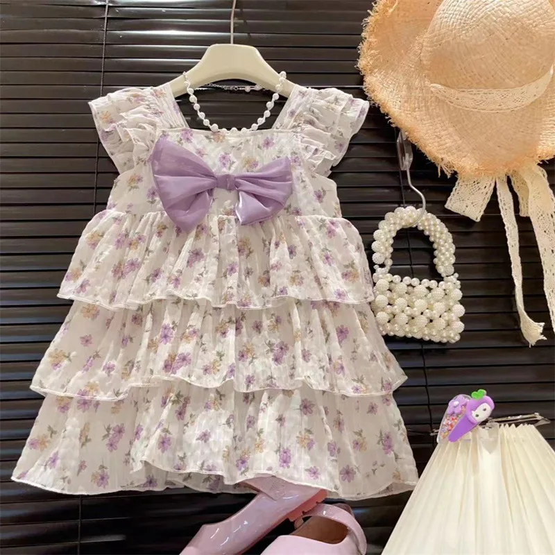 

2024Year New Small Floral Girls' Summer Dress Flying Sleeves Square Collar Bow Cute Baby Girl Princess Dress