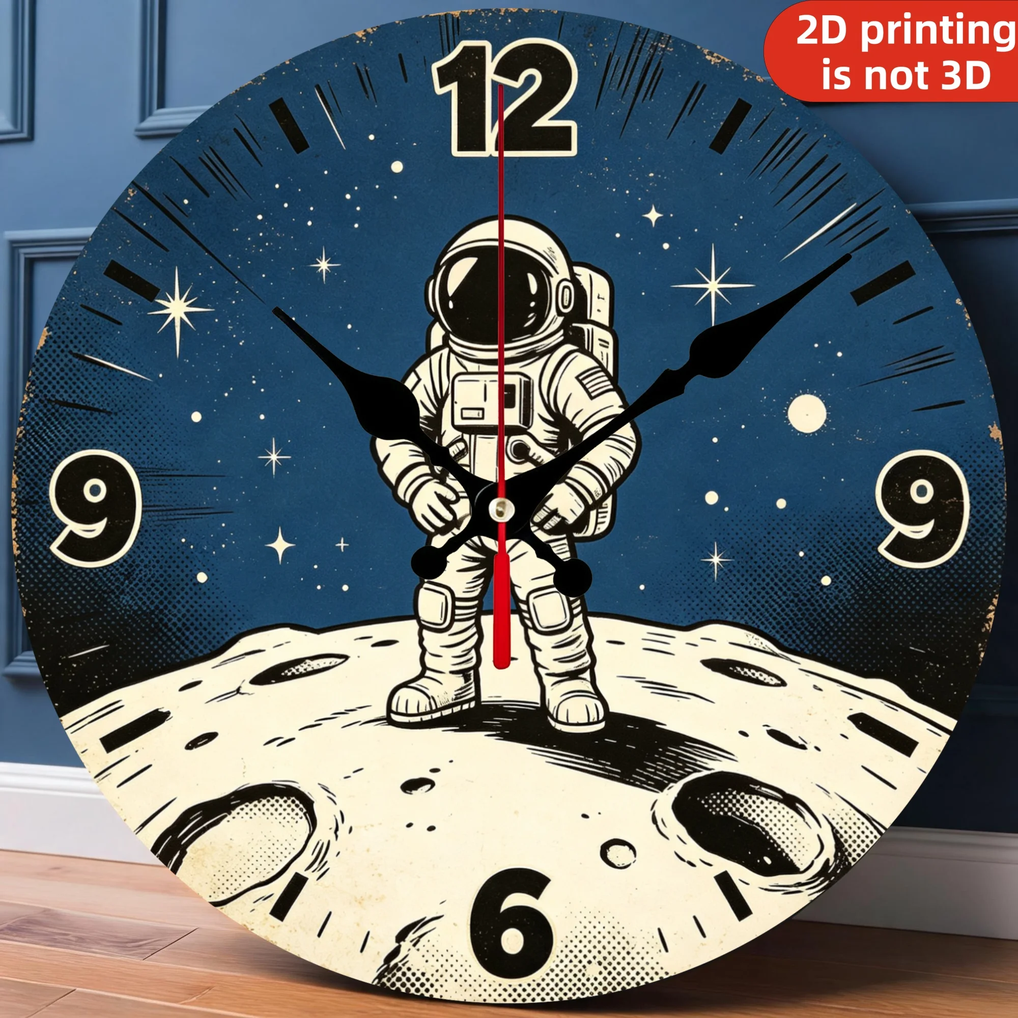Astronaut Moon Landing Space Wooden Wall Clock, 10/12 Inch Round Wood Clock, Silent Non Ticking Quartz Movement, Comic Spaceman Outer Space Printed Home Decor
