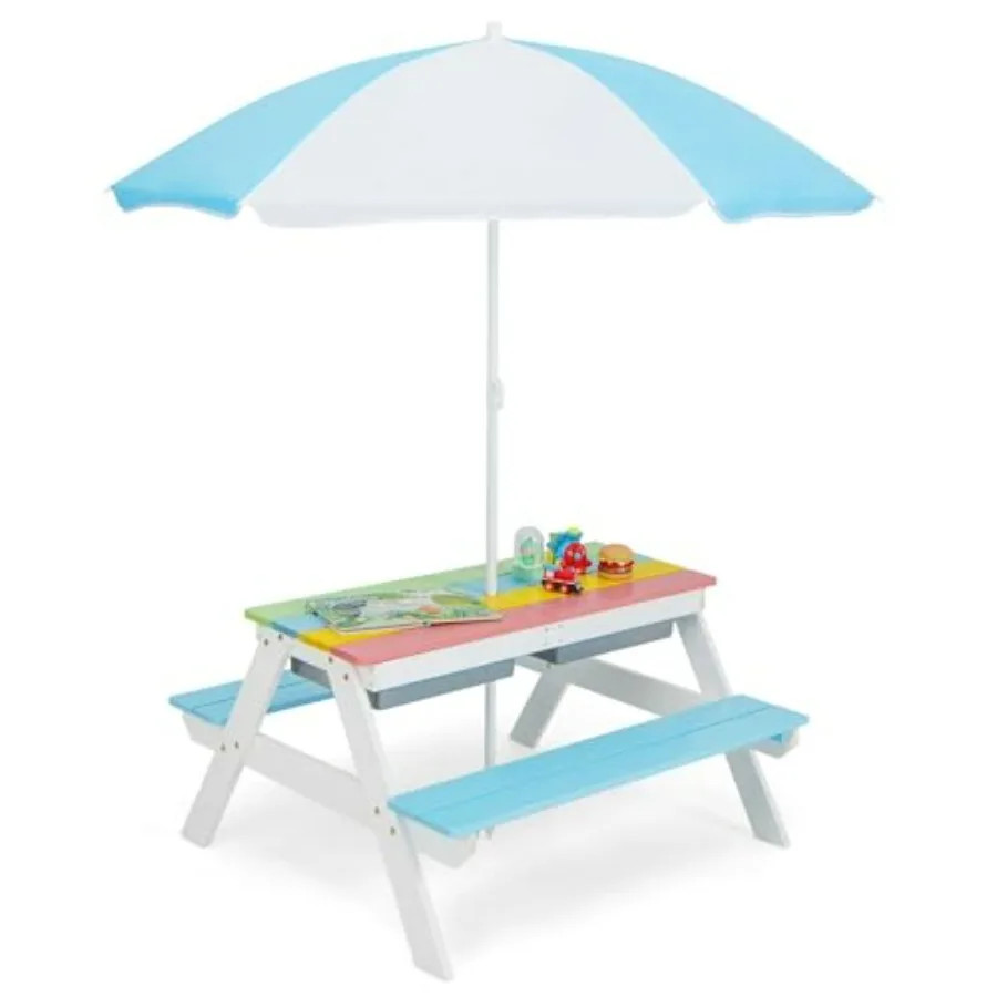 picnic table for outdoors and backyard use, made of durable plastic, blue color, height-adjustable umbrella and detachable tabl