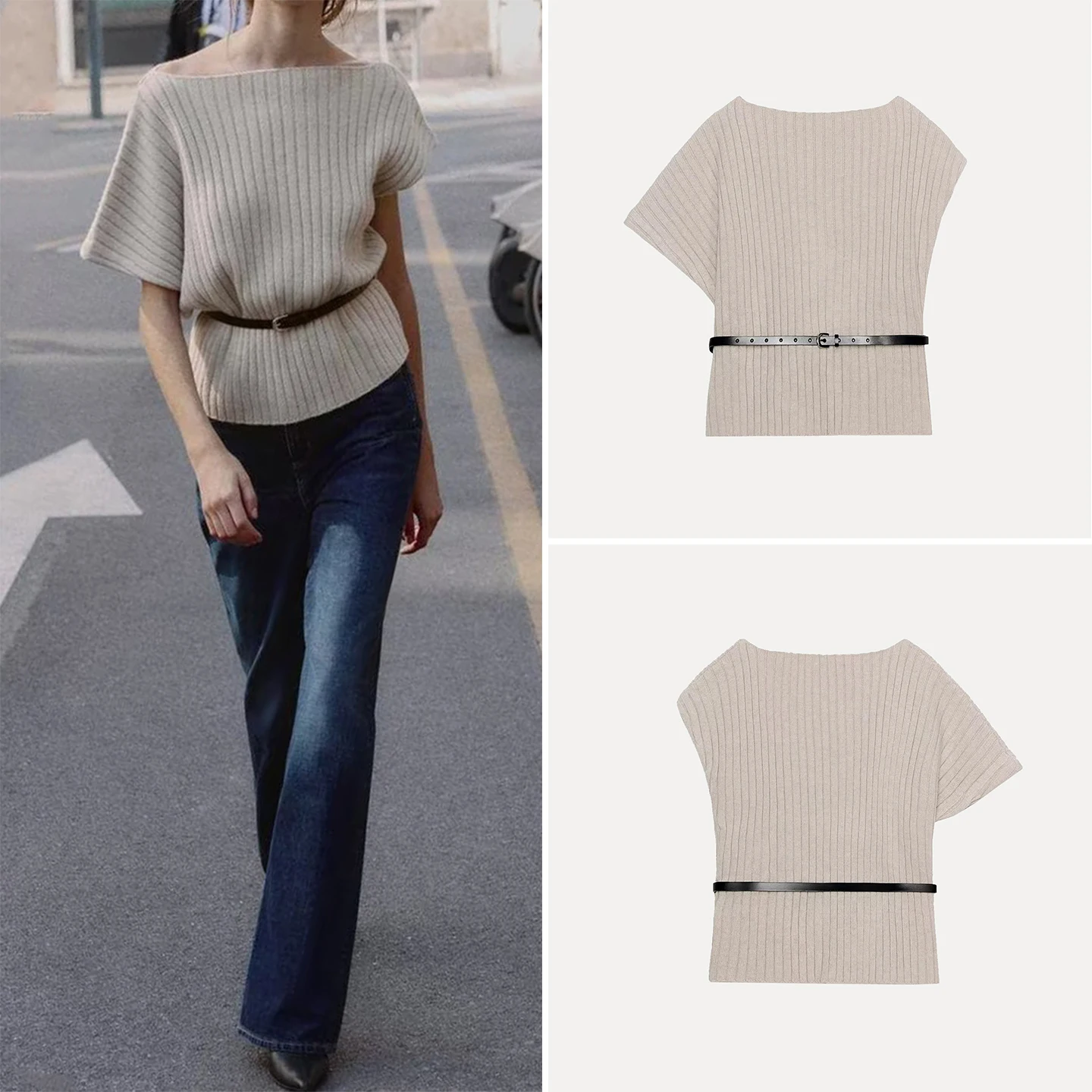 

Faionable mat Смешанная ткань Асимметричный пояс Топ Женский трикотаж ort Sve круглый Ne Обычная длина