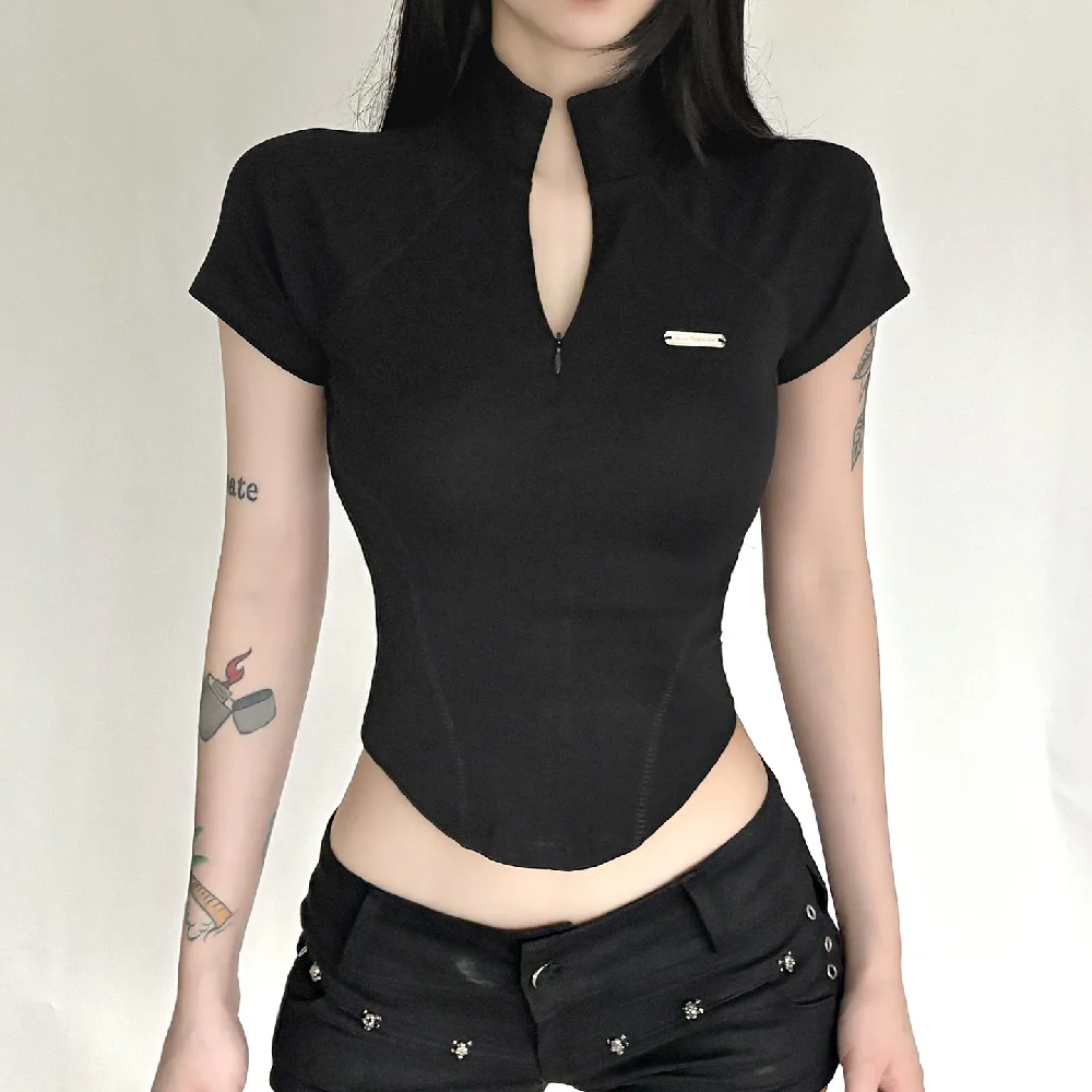 

Y2k Metal Crop Top Zipper Grey Short Sleeve Biker Moto Tee Korean Fashion Streetwear T Shirt Grunge Chic Outfits 90s
