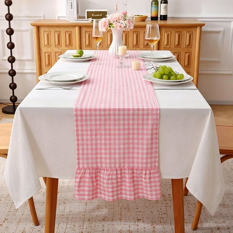 1pc Pastoral Style Pink Plaid Ruffled Table Flag,Suitable For Daily,Holiday,Party,Restaurant,Living Room,Dining Table,Birthday