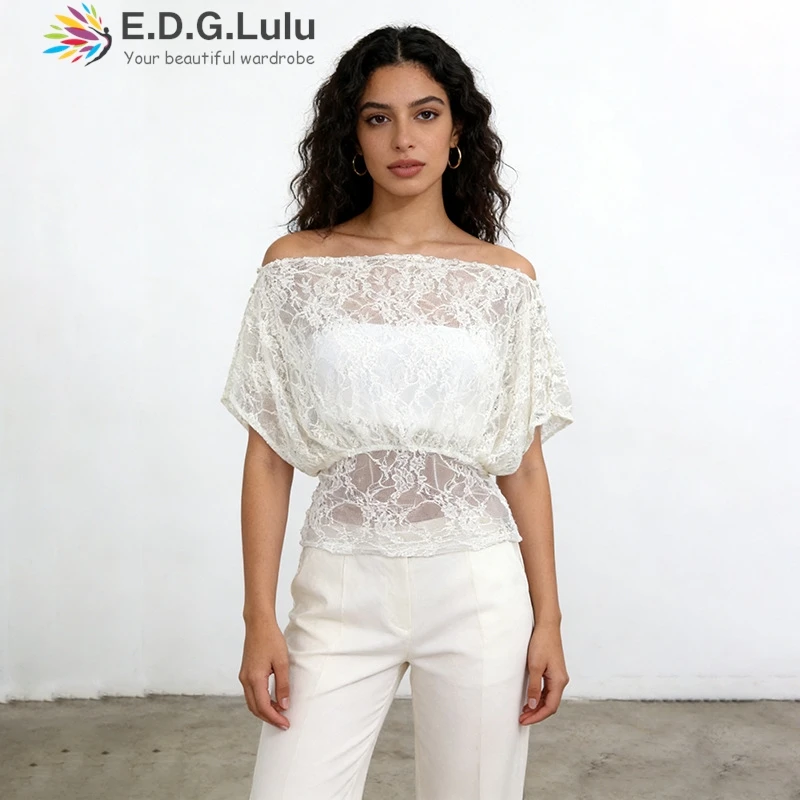 EDGLuLu Square Collar Single Breasted Off Shoulder T-Shirt Top Woman Summer Short Sleeved Slim Fit White Lace Top T-Shirt 0813