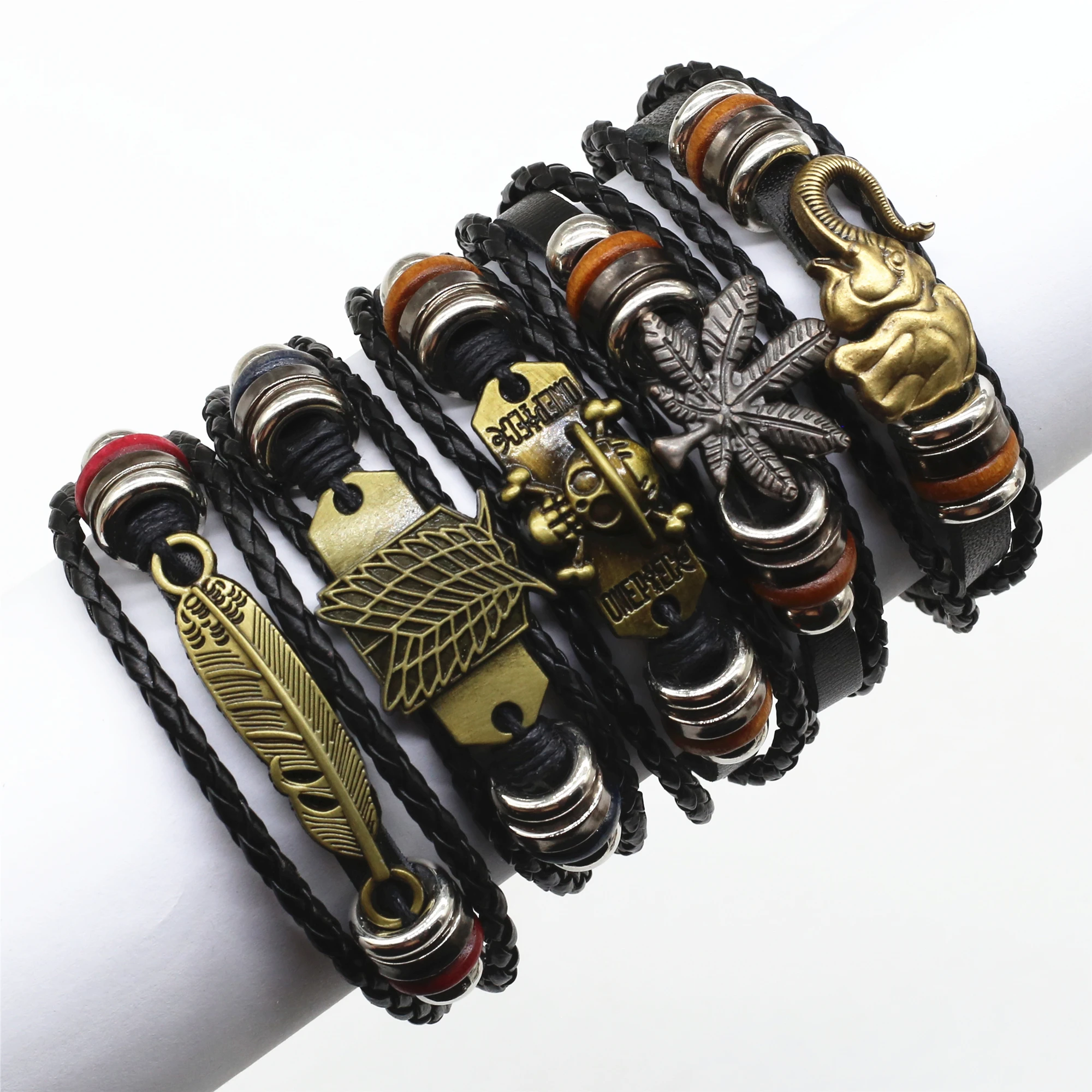 WESTBULL Punk Weave Black Leather Bracelets Men Women Skull Skeleton Charm Wristband Homme Wholesale Jewelry