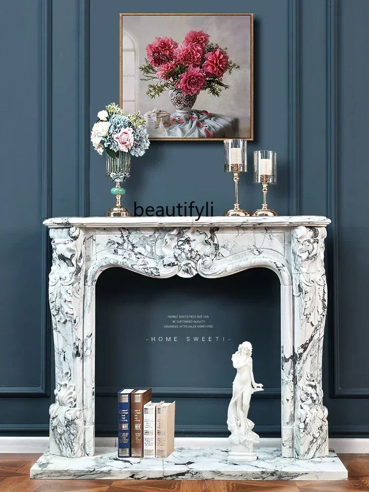 

SS03A Light luxur large white stone mantel decorative stone carving French simple European living room background wall furnitur