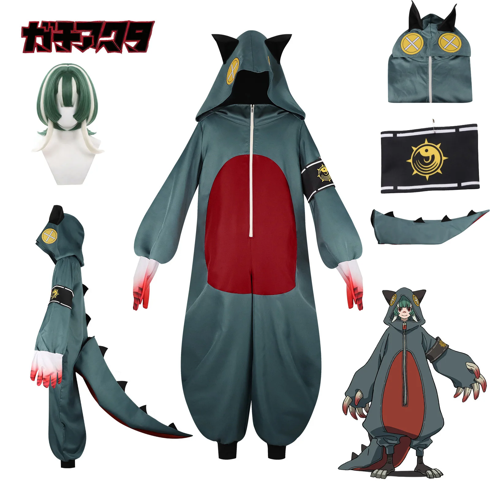 GACHIAKUTA Guita Cosplay-Kostüm, blauer Overall, lustiger Pyjama, Anime-Spiel, Alltagskleidung, Halloween, Stickerei, Oberteil, Weste, kurzes Perücken-Set